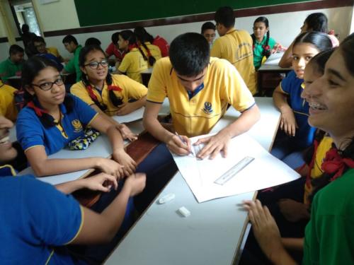 5 Std.X students working in groups in Marathi period